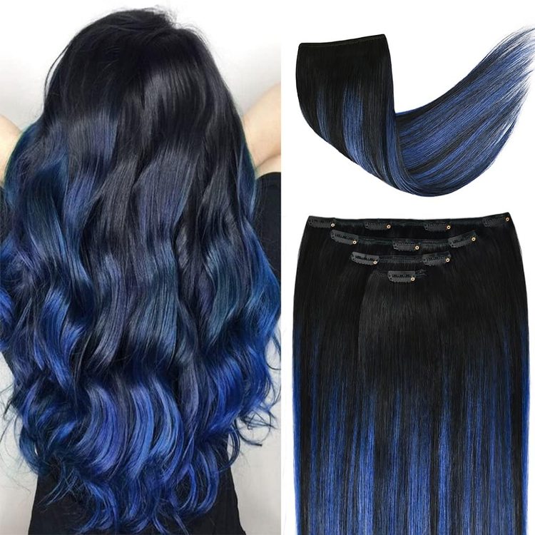 Blue(#Blue) Premium Straight Clip In Hair Extensions 7 Pieces