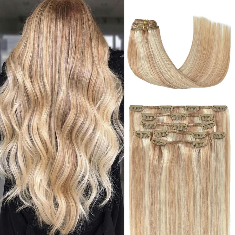 Golden Brown/Blonde(#F12-613) Premium Straight Clip In Hair Extensions 7 Pieces
