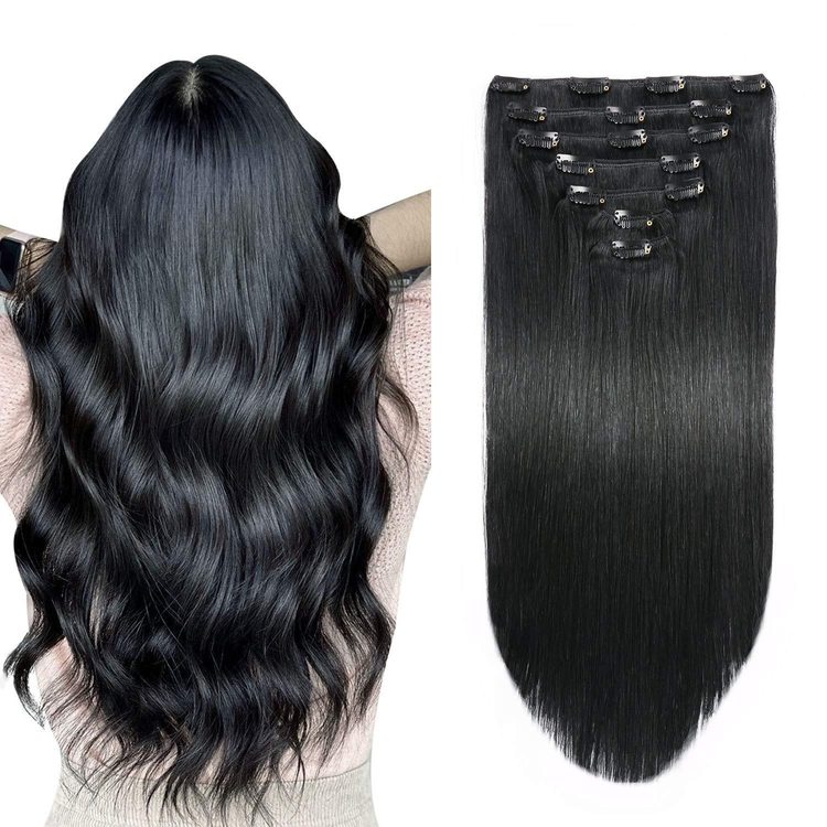 Jet Black(#1) Premium Straight Clip In Hair Extensions 7 Pieces