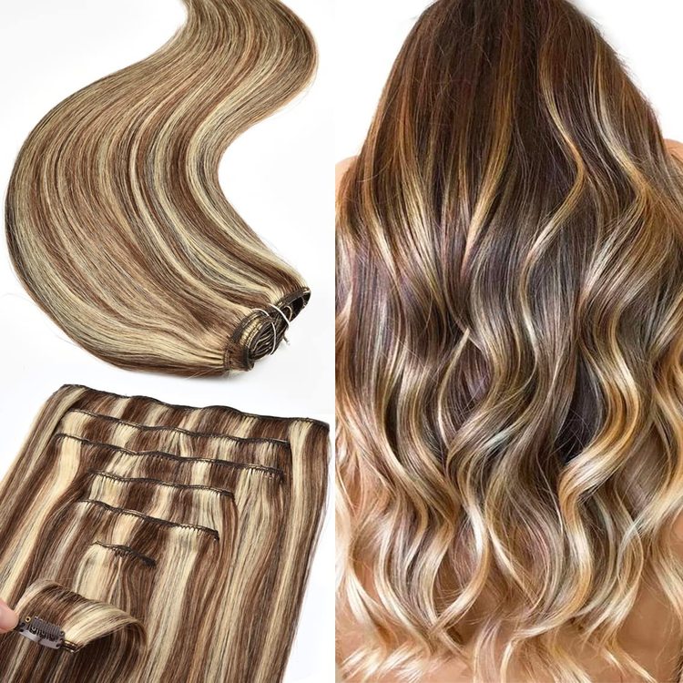 Brown/Blonde(#P4-22) Premium Straight Clip In Hair Extensions 7 Pieces