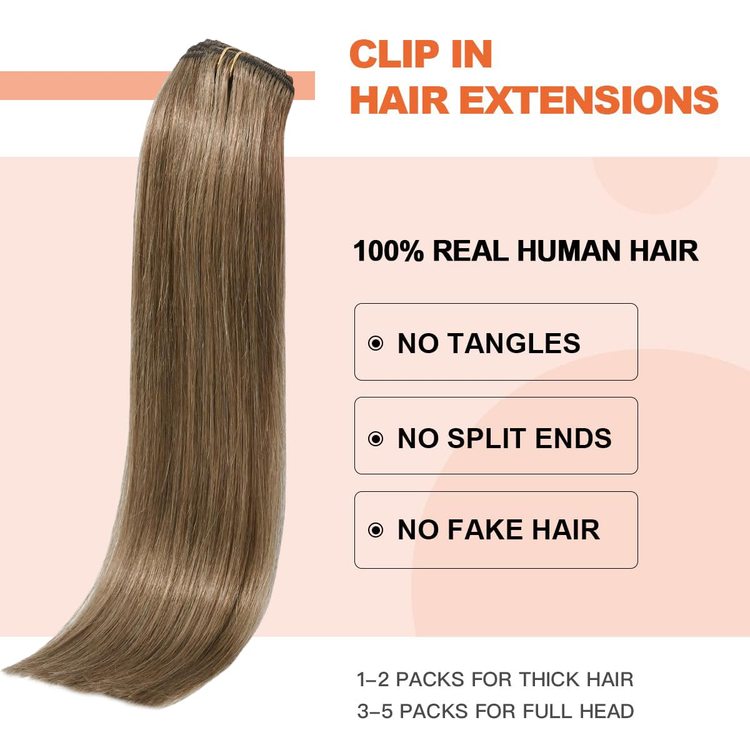 Light Chestnut(#8) Premium Straight Clip In Hair Extensions 7 Pieces
