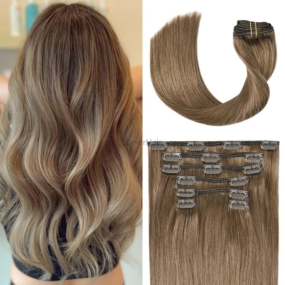 Light Chestnut(#8) Premium Straight Clip In Hair Extensions 7 Pieces - Zever Hair 0