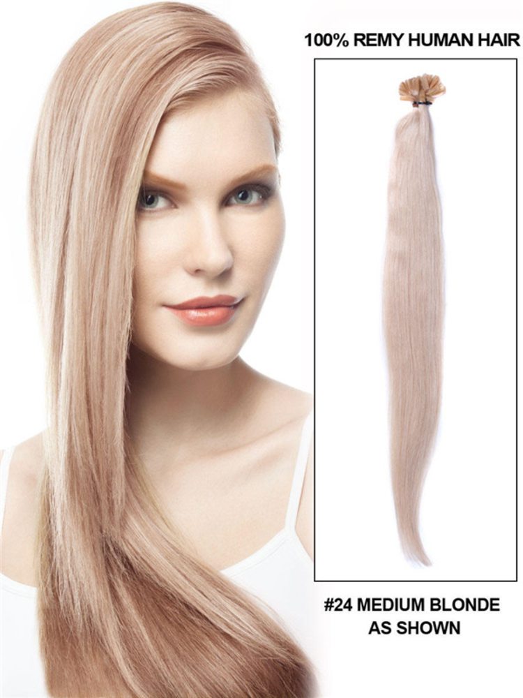 50 Piece Straight Nail Tip/U Tip Remy Hair Extensions Medium Blonde(#24)