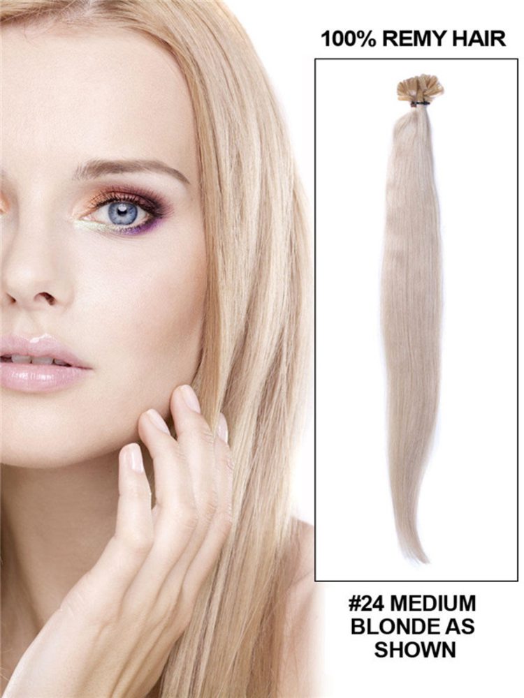 50 Piece Straight Nail Tip/U Tip Remy Hair Extensions Medium Blonde(#24)
