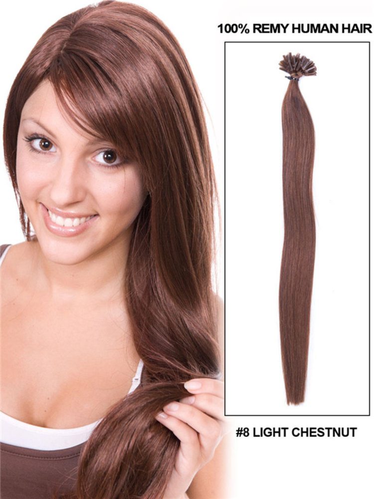50 Piece Straight Nail Tip/U Tip Remy Hair Extensions Light Chestnut(#8)