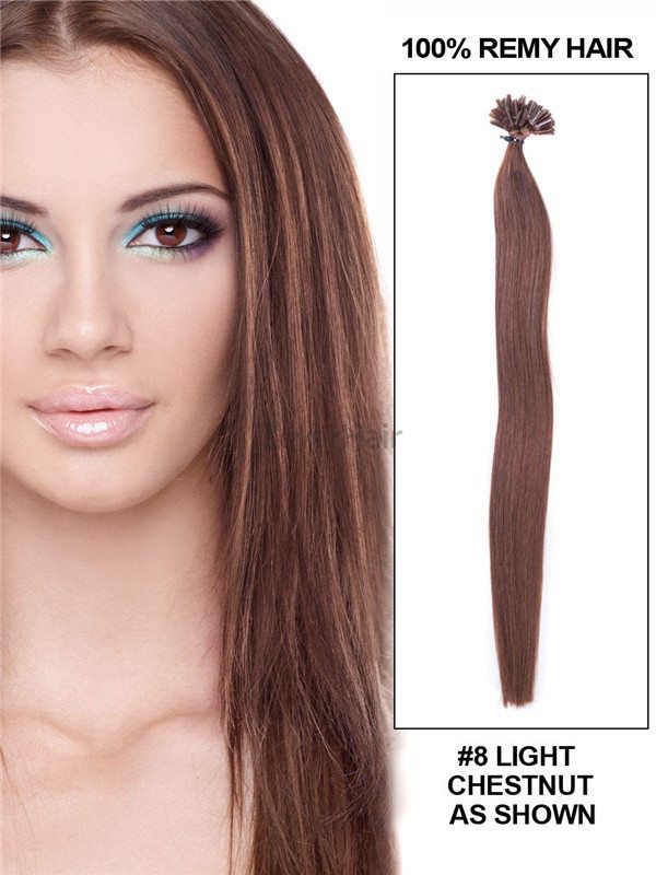 50 Piece Straight Nail Tip/U Tip Remy Hair Extensions Light Chestnut(#8) - Zever Hair 1
