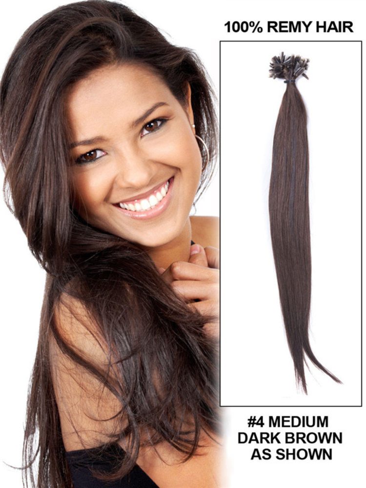 50 Piece Straight Virgin Nail Tip/U Tip Hair Extensions Medium Brown(#4)