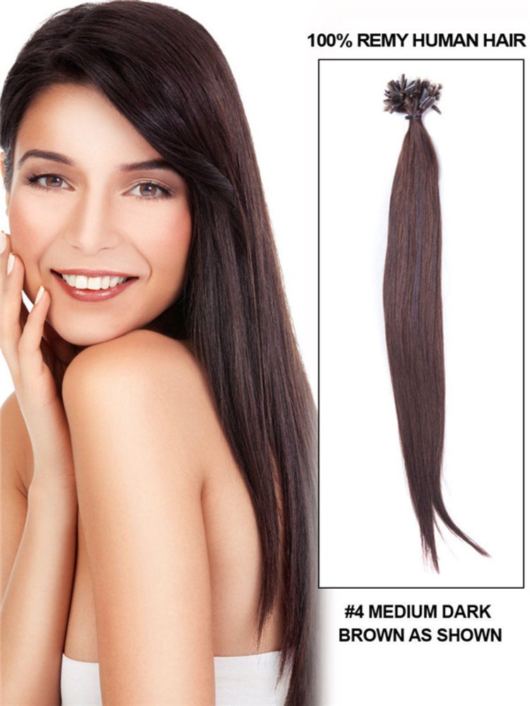 50 Piece Straight Virgin Nail Tip/U Tip Hair Extensions Medium Brown(#4)