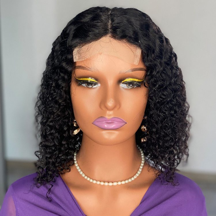 200 Density Curly Virgin Human Hair Bob Wig Natural Black