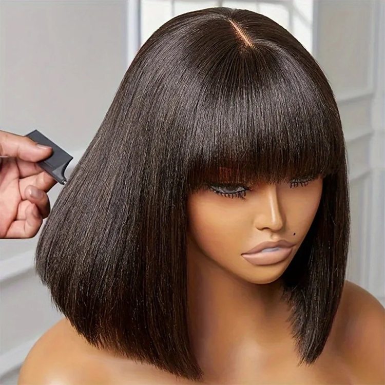 Bone Straight Virgin Human Hair Bob Wigs With Bangs