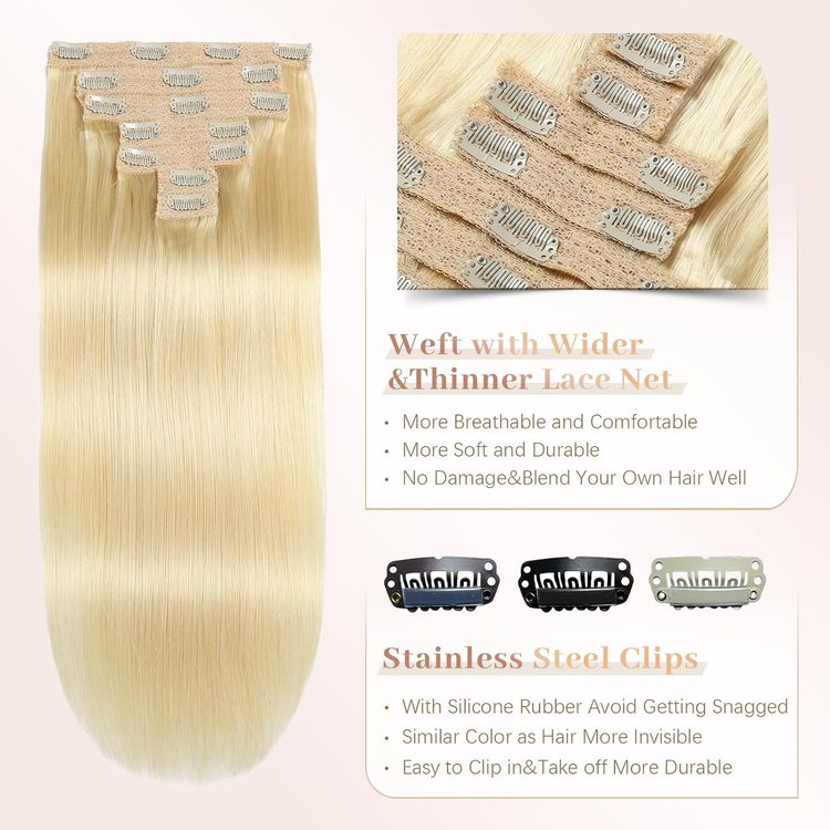 Bleach White Blonde(#613) Premium Straight Clip In Hair Extensions 7 Pieces - Zever Hair 2