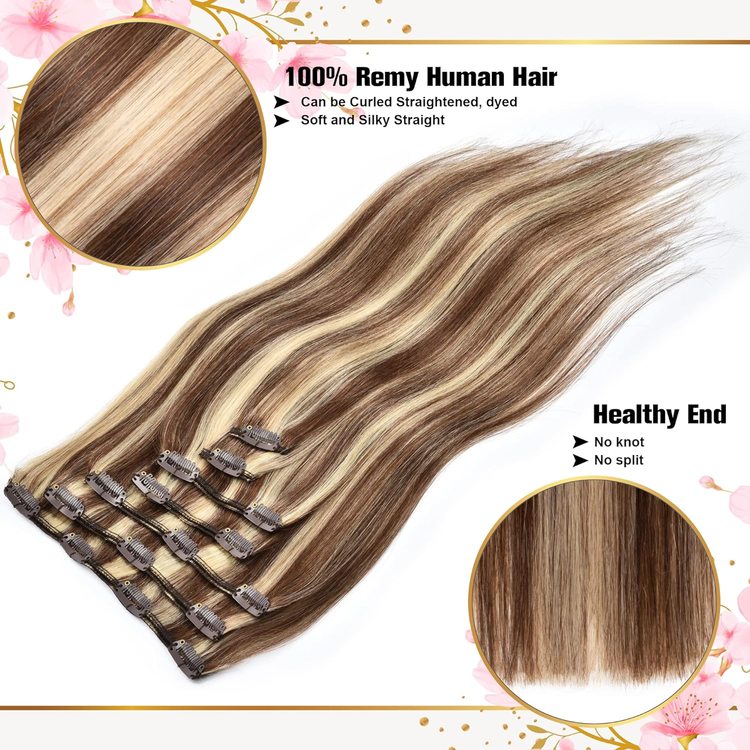 Brown/Blonde(#P4-22) Premium Straight Clip In Hair Extensions 7 Pieces - Zever Hair 5