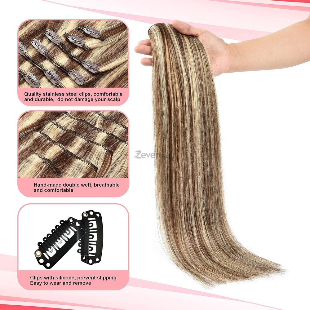 Brown/Blonde(#P4-22) Premium Straight Clip In Hair Extensions 7 Pieces - Zever Hair 3