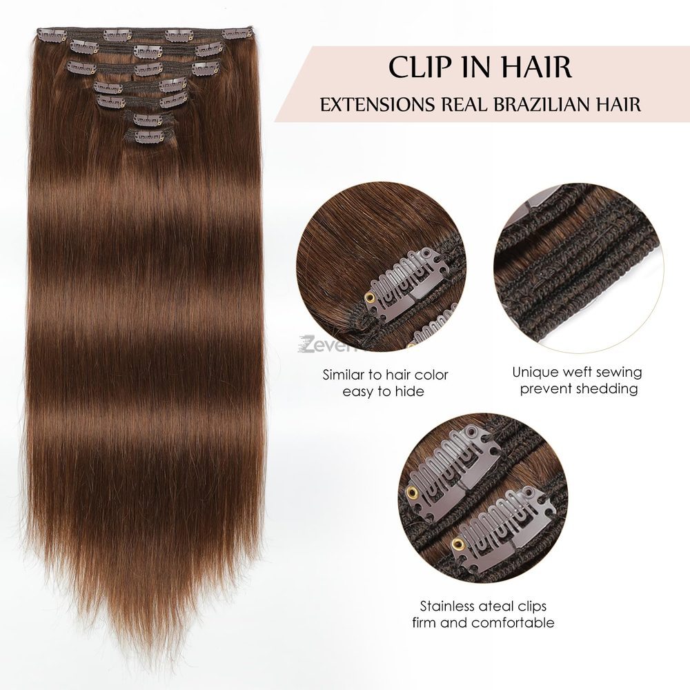 Medium Brown(#4) Premium Straight Clip In Hair Extensions 7 Pieces - Zever Hair 3