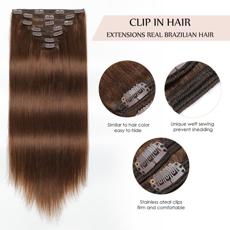 Medium Brown(#4) Premium Straight Clip In Hair Extensions 7 Pieces - Zever Hair 3