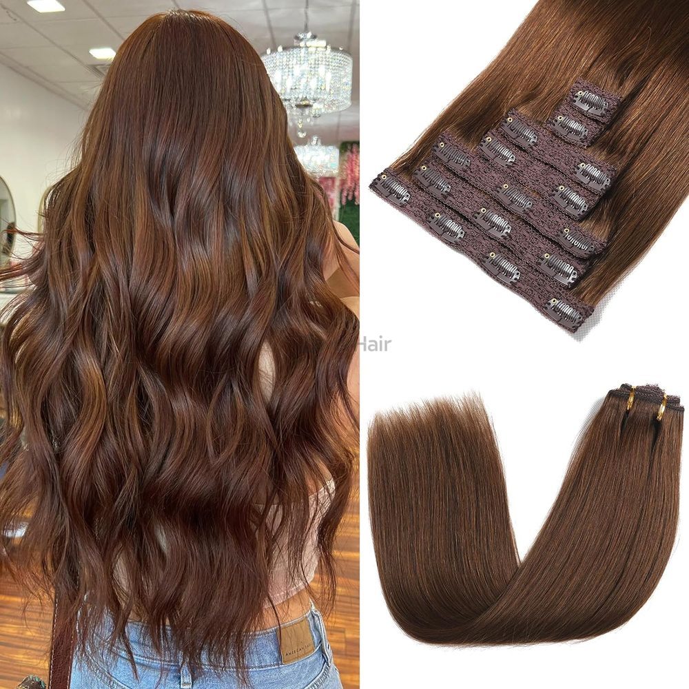 Medium Brown(#4) Premium Straight Clip In Hair Extensions 7 Pieces - Zever Hair 0