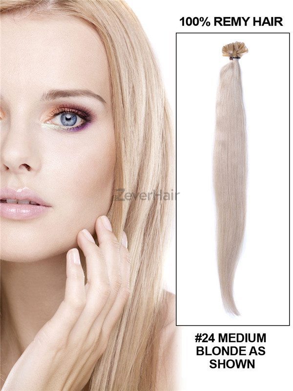 50 Piece Straight Nail Tip/U Tip Remy Hair Extensions Medium Blonde(#24) - Zever Hair 1