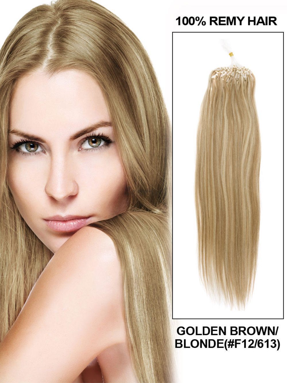 Remy Micro Loop Hair Extensions 100 Strands Silky Straight Golden Brown/Blonde(#F12/613) - Zever Hair 0