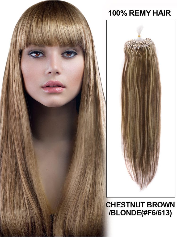 Micro Loop Human Hair Extensions 100 Strands Silky Straight Chestnut Brown/Blonde(#F6/613) - Zever Hair