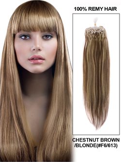 Micro Loop Human Hair Extensions 100 Strands Silky Straight Chestnut Brown/Blonde(#F6/613) - Zever Hair