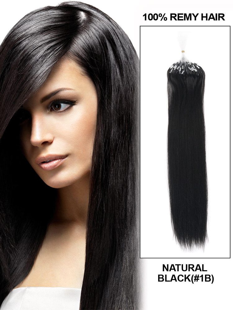 Micro Loop Human Hair Extensions 100 Strands Silky Straight Natural Black(#1B) - Zever Hair