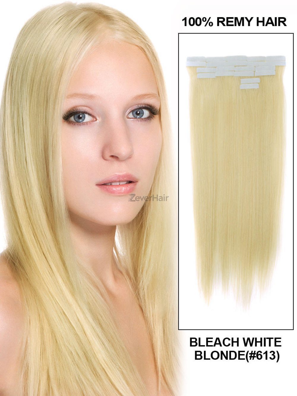 Tape In Human Hair Extensions 20 Piece Silky Straight Bleach White Blonde(#613) - Zever Hair 0