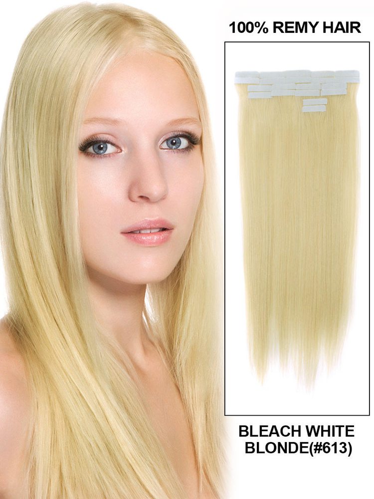 Tape In Human Hair Extensions 20 Piece Silky Straight Bleach White Blonde(#613) - Zever Hair