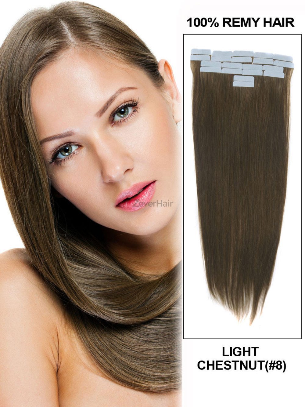 Remy Tape In Hair Extensions 20 Piece Silky Straight Light Chestnut(#8) - Zever Hair 0