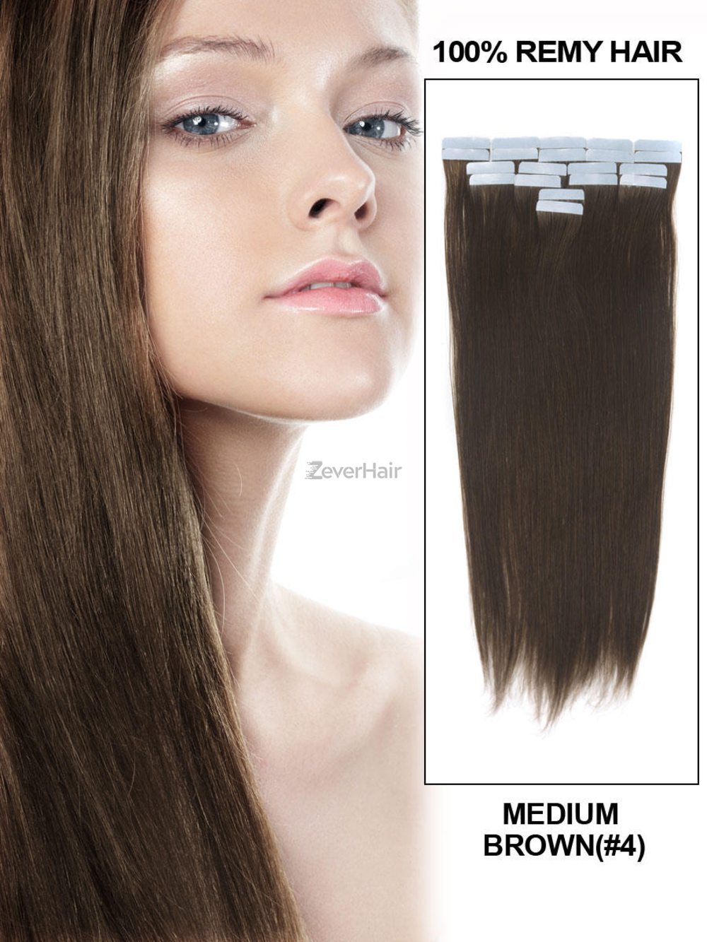 Remy Tape In Hair Extensions 20 Piece Silky Straight Medium Brown(#4) - Zever Hair 0