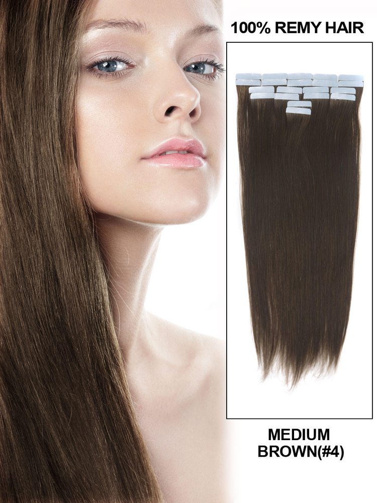 Remy Tape In Hair Extensions 20 Piece Silky Straight Medium Brown(#4) - Zever Hair