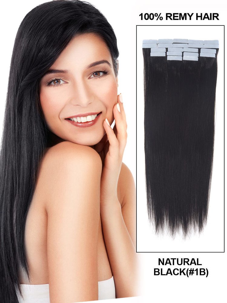 Remy Tape In Hair Extensions 20 Piece Silky Straight Natural Black(#1B) - Zever Hair