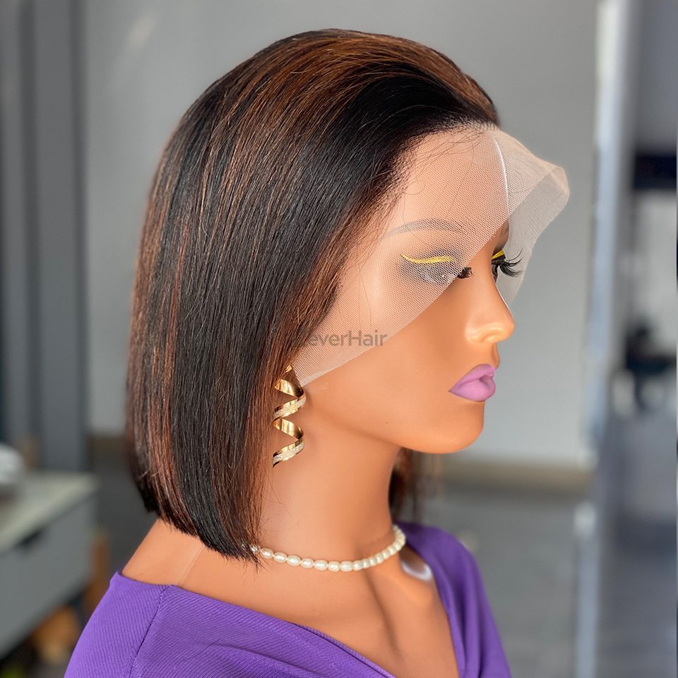 180 Density Black with Brown bob lace front wig human hair - Zever Hair 0