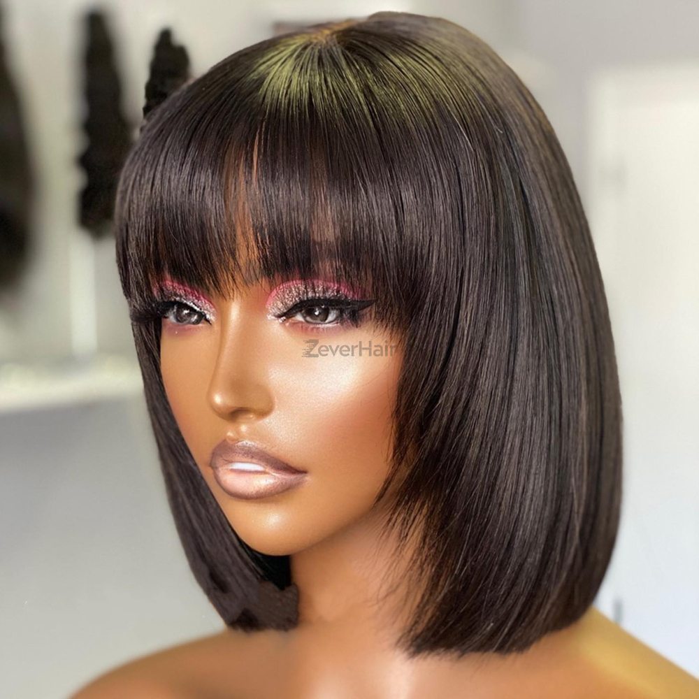 10 Inch 2x4 Human Hair lace Bob Wig With Bangs - Zever Hair 0